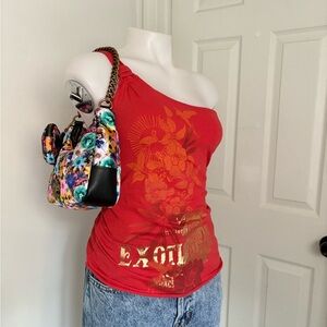 Vintage Guess Red Floral One-Shoulder Tank Top